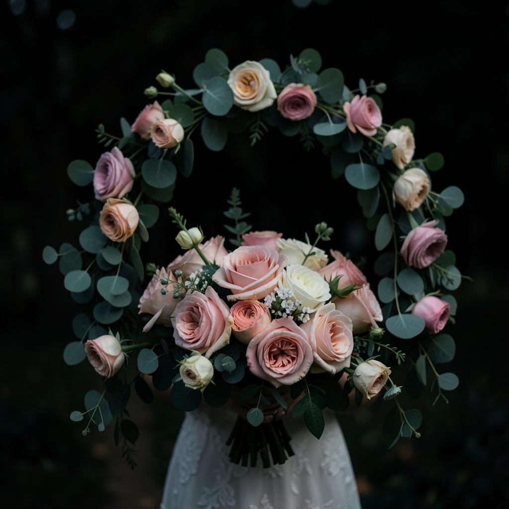 Arched bridal bouquet of garden roses and eucalyptus