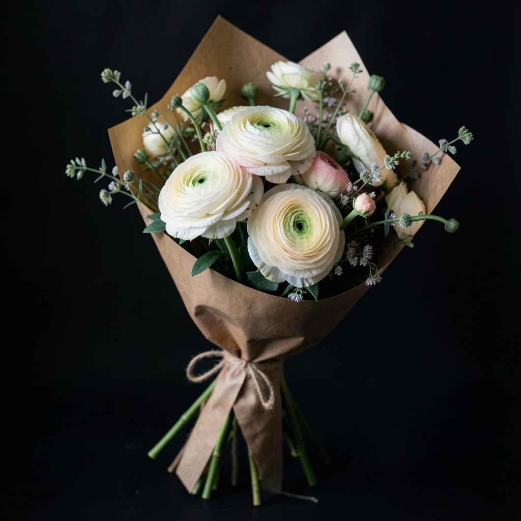 Hand-tied bouquet of cream ranunculus wrapped in kraft paper