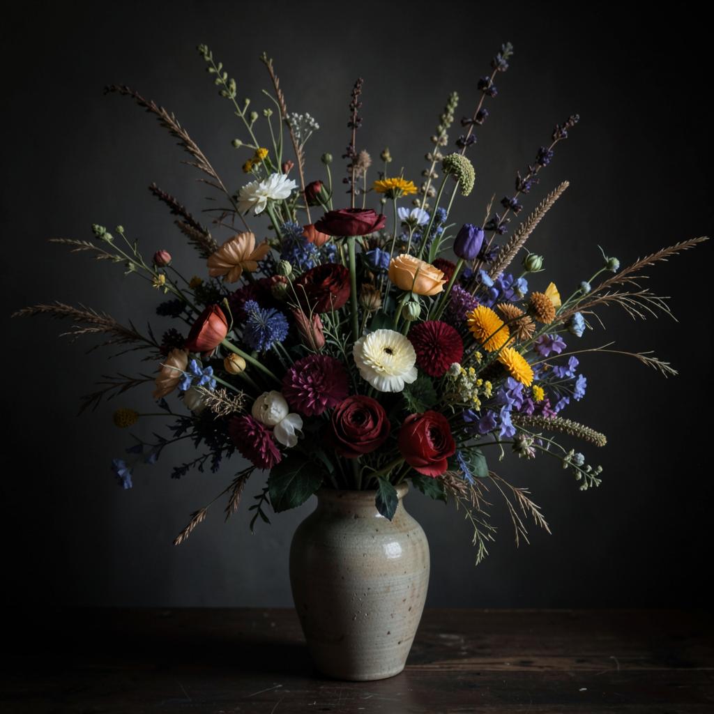 Low wide arrangement of mixed seasonal stems in a stoneware vessel