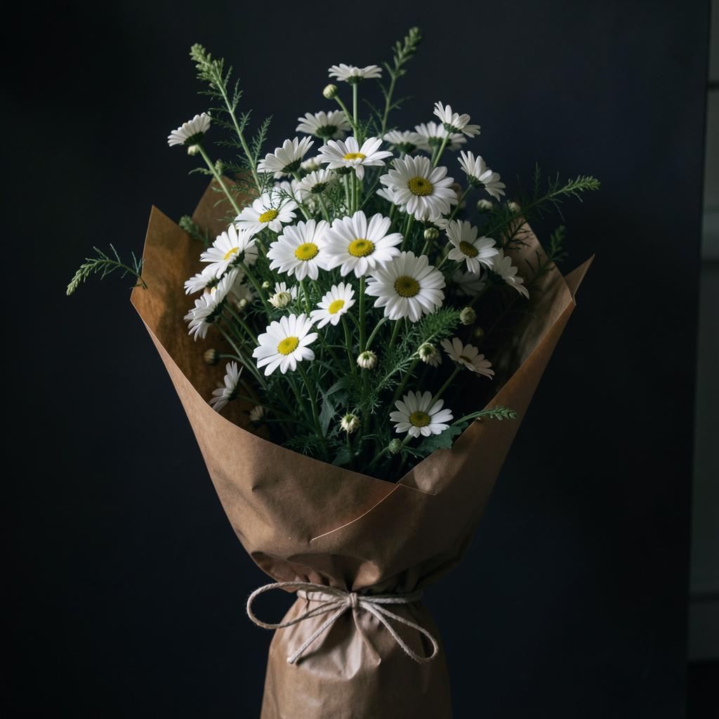 Tall loose bouquet of white daisies and greenery in kraft paper
