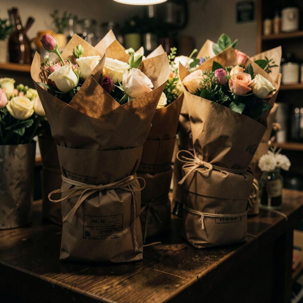 Kraft-wrapped bouquets stacked on the shop counter