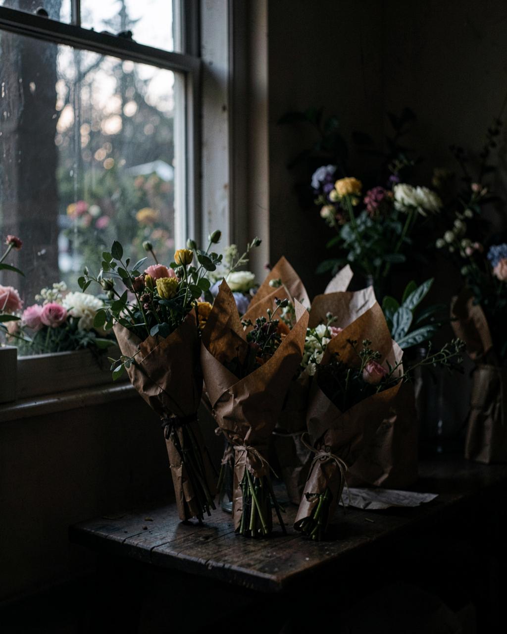 Kraft-wrapped bouquets on a wooden bench in a dim flower shop at dawn
