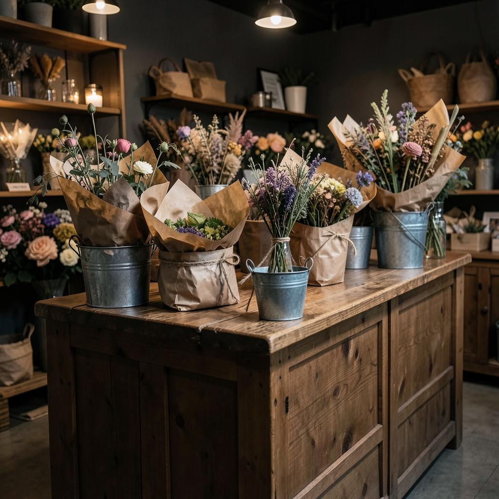 Inside the shop: wooden counter, kraft paper and buckets of stems